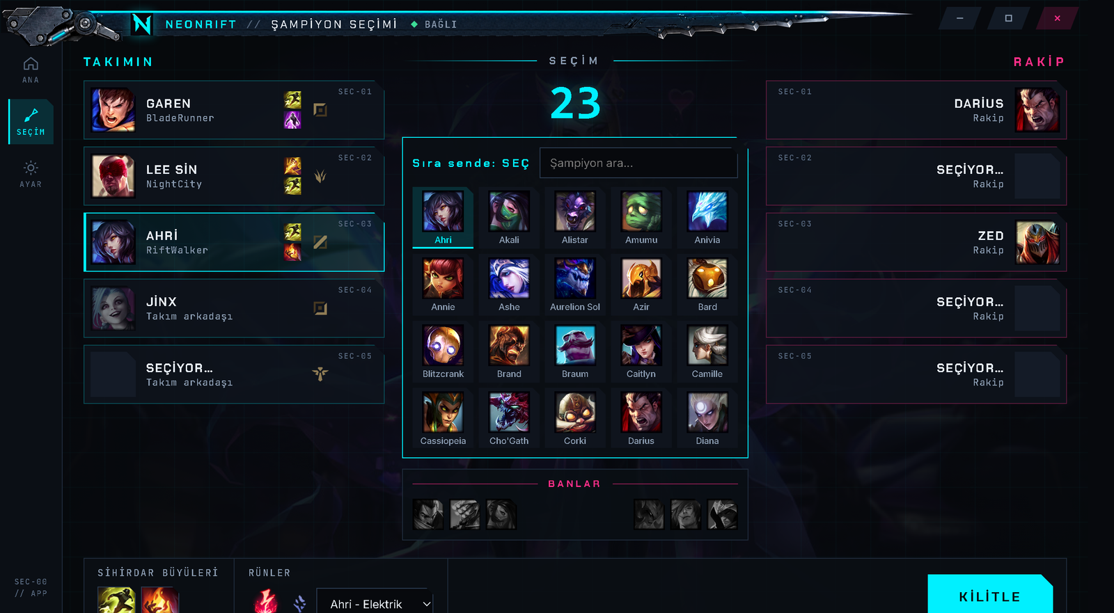 NeonRift desktop app during champion select: both teams with summoner spells and roles, the pick grid, bans, rune page and lock-in button