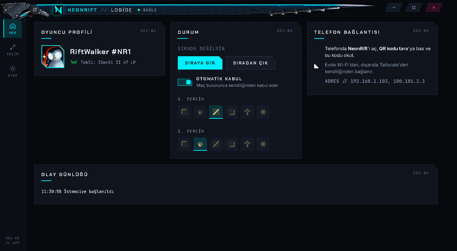 NeonRift home screen: player profile, queue status with auto-accept, lobby role preferences and phone pairing