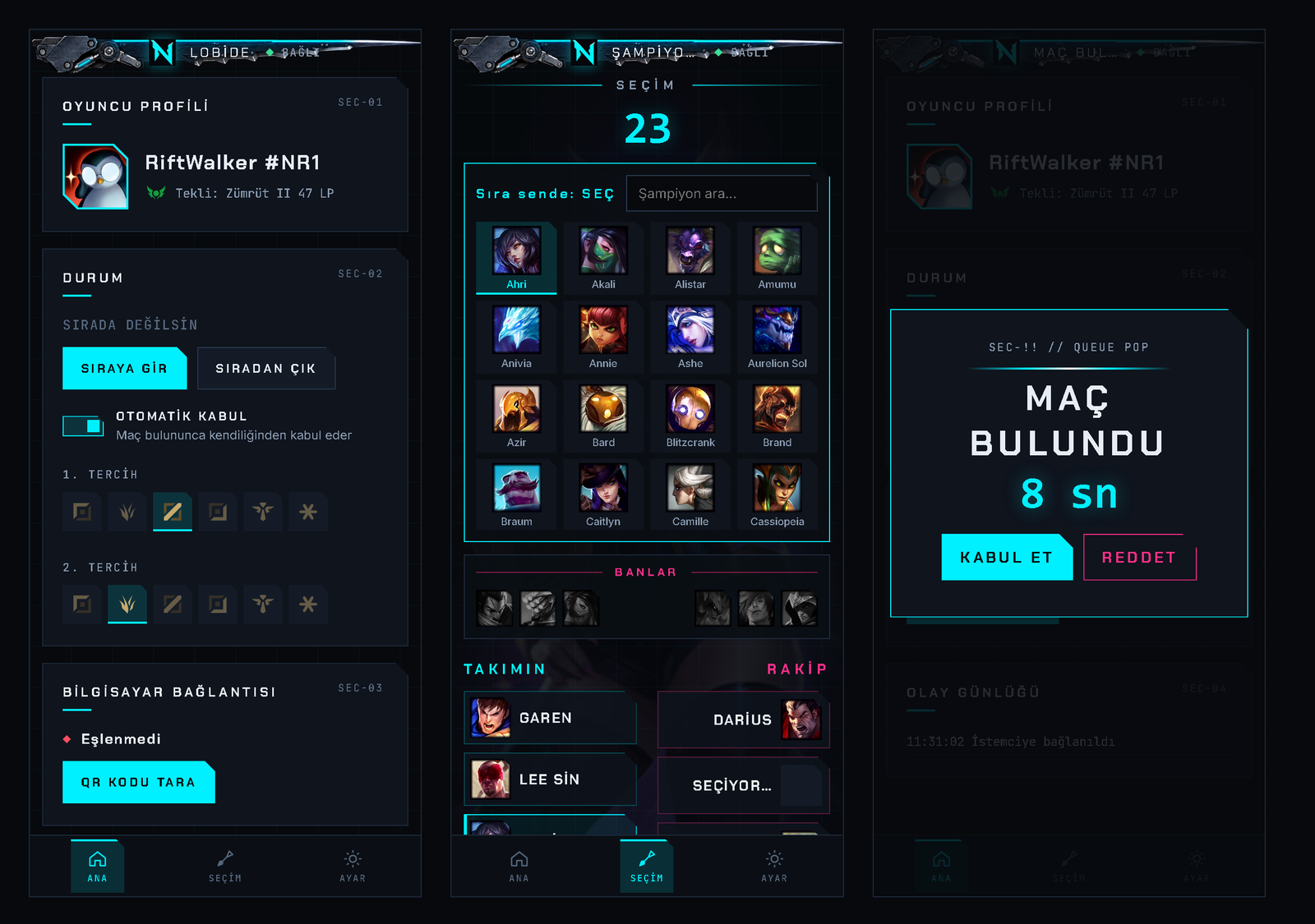 NeonRift Android app: home screen, champion select with pick grid, and the queue pop screen
